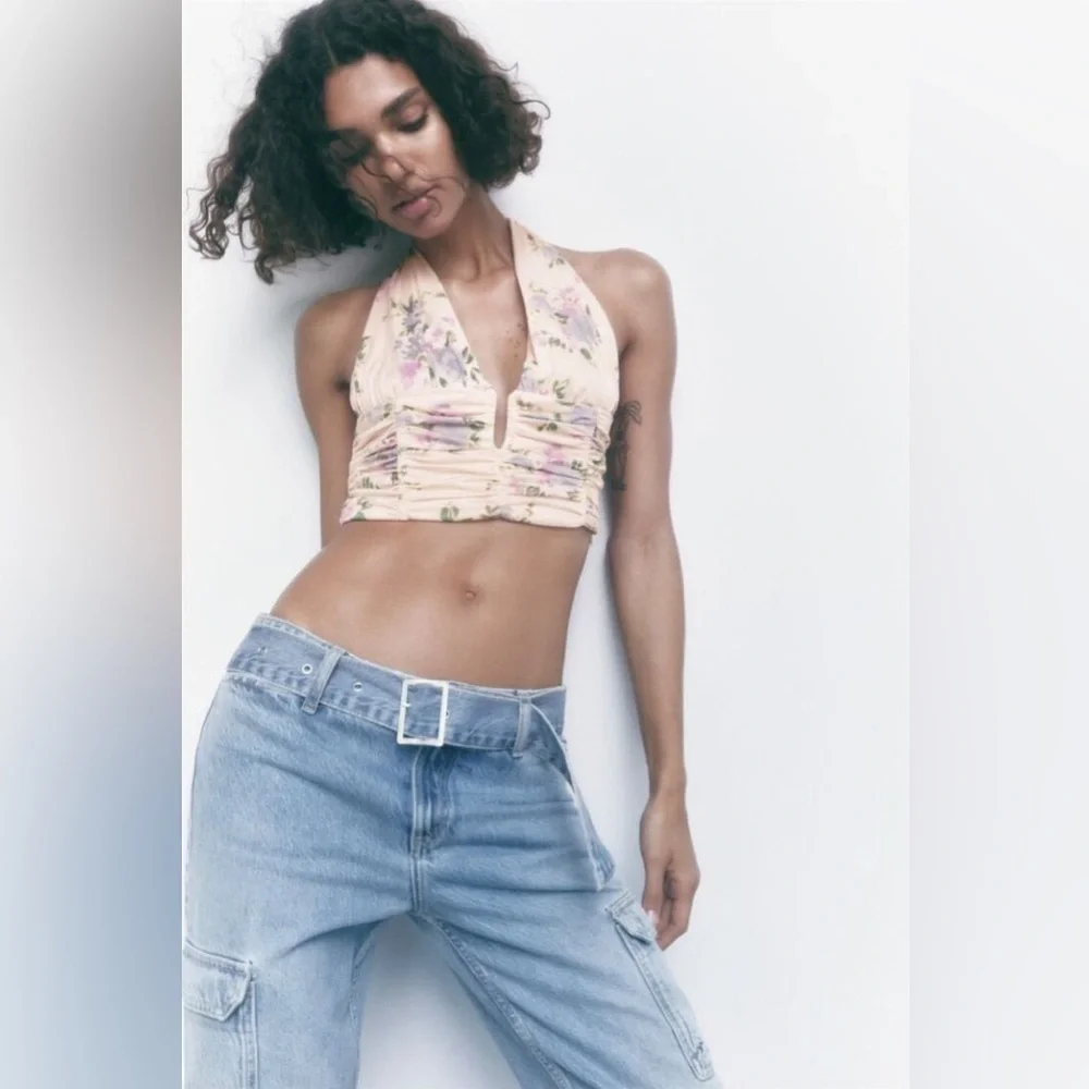 NWT Zara Pale Pink Blue Floral Deep V Cropped Halter Neck Ruched Top sz Small - Picture 1 of 11
